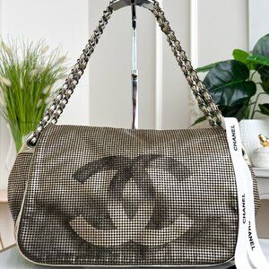 Authentic Chanel tote accordion gold leather chain bag crossbody handbag B1024